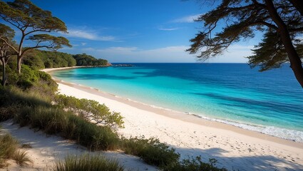 Serene beach oasis with clear blue ocean and white sand