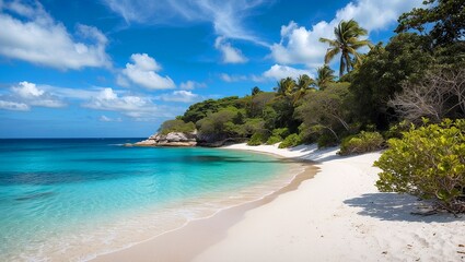 Obraz premium Serene beach with clear blue ocean and lush surroundings