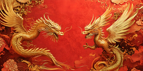 Fototapeta premium Golden Dragon and Phoenix on a Vibrant Red Backdrop for Majestic Asian Symbolism