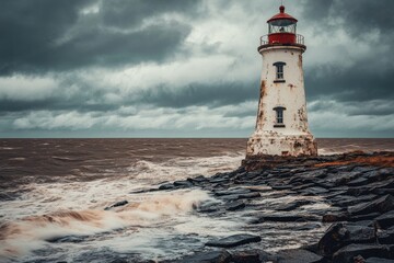 Obraz premium Weathered Lighthouse on Rocky Coastline Under Dramatic Skies