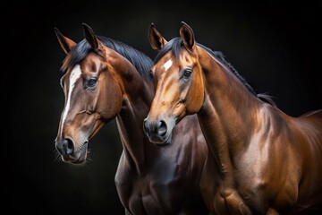Obraz premium Majestic Pair: Two Elegant Horses on Black Background - High-Resolution Stock Photo