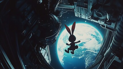 A whimsical silhouette of a rabbit character floating in space against a backdrop of the Earth, capturing a sense of wonder and imagination