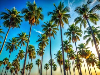 Fototapeta premium Majestic Palm Trees Against a Vivid Blue Sky - Dramatic Documentary Photography