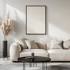 a minimalist mockup of an empty poster frame on the wall in a modern living room interior with a beige sofa and black coffee table