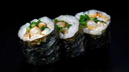 Sushi Roll: A round roll of rice and seaweed, filled with fish or vegetables, sliced into bite-sized pieces, ideal for a fresh, satisfying sushi experience.
