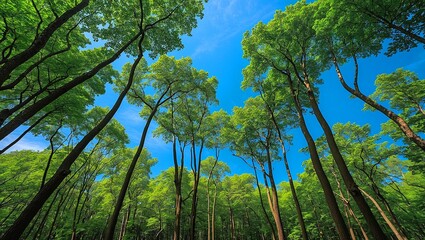 Obraz premium Majestic forest of tall green trees under blue sky