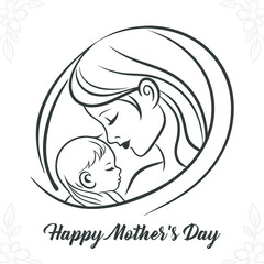 Mother and baby line art vector illustration, Happy Mother's Day card.