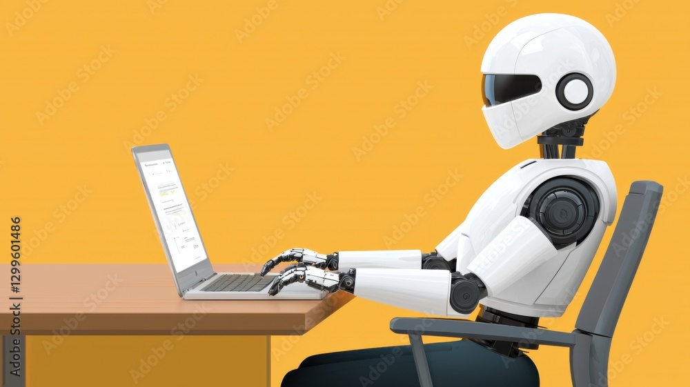 Poster a robot sits at a desk using a laptop against a bright yellow background, illustrating the concept o