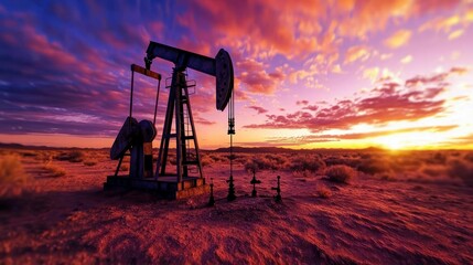 Naklejka premium Oil Pump Jack Sunset Energy Industry Extraction Desert Landscape