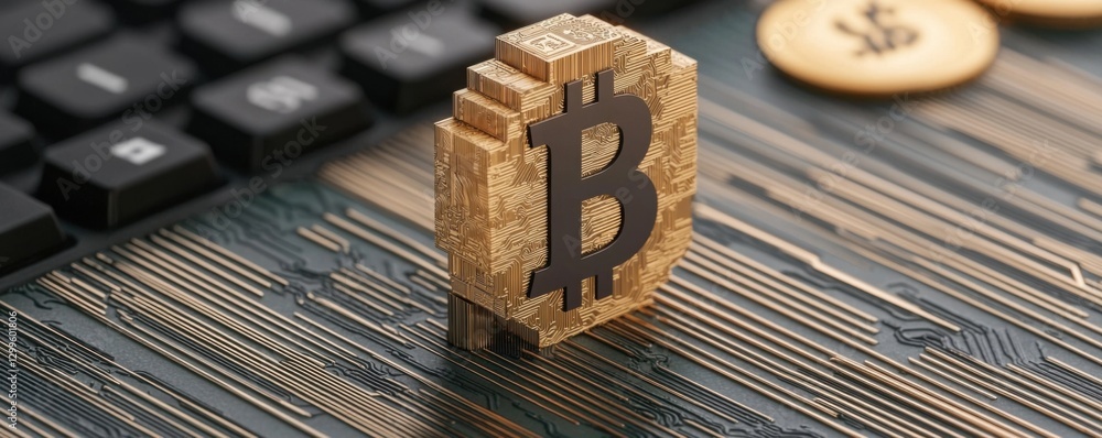 Poster a golden bitcoin symbol rests on a textured surface, surrounded by a keyboard and other coins, repre