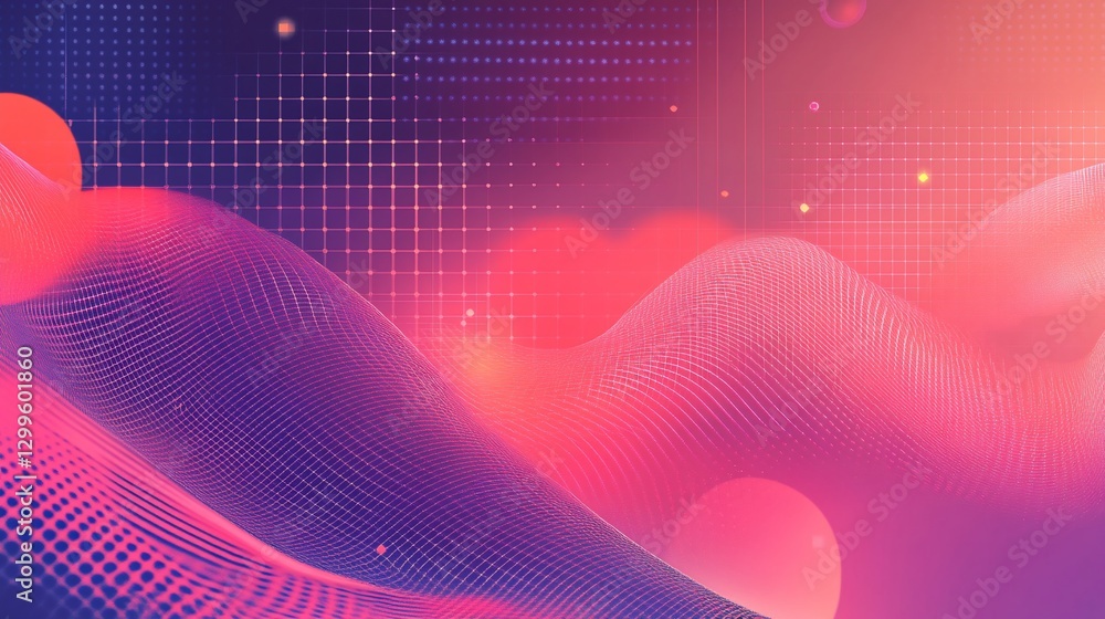 Poster abstract wavy grid with vibrant gradient and sphere shapes background design