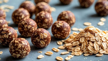 Obraz premium Delicious chocolate oat balls surrounded by oat flakes