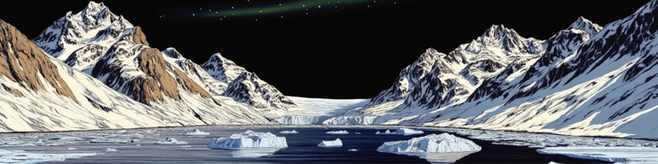 Stunning Arctic Landscape Vector Art with Northern Lights, Majestic Snowy Mountains, and Icebergs in a Serene Glacier-Enhanced Frozen Water Scene
