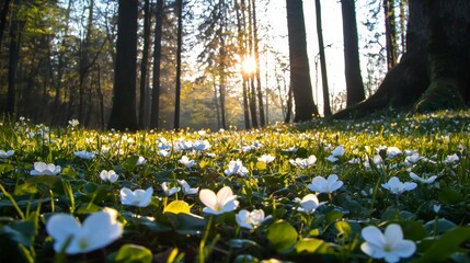 Serene Spring Forest  Sunlit Meadow  White Flowers  Idyllic Nature Scene