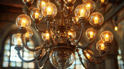 Chandelier: An ornate, round hanging light fixture featuring multiple bulbs or candles, typically placed in large rooms or dining areas for an elegant ambiance.
