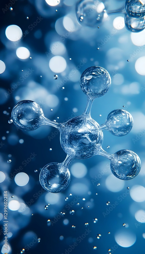 Poster a three dimensional representation of a molecular structure and water drops