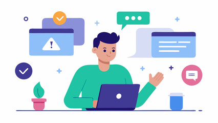 Software Updates A technician explaining the importance of regular software updates to a user on a video call surrounded by update notifications.