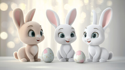Obraz premium Cute Cartoon Easter Bunnies Sitting Among Colorful Festive Eggs