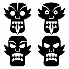 set of tribal Tiki Mask Tongue  silhouette icon vector art illustrations. funny cartoon animals