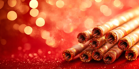 Golden Firecrackers on a Radiant Red Festive Background for Lunar New Year Celebration