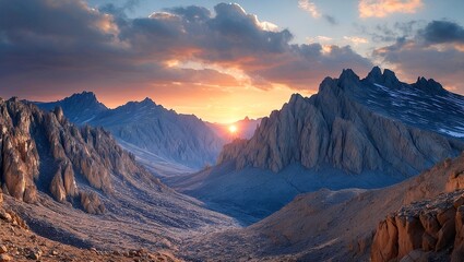 Obraz premium Breathtaking mountain range under cloudy sunset skies