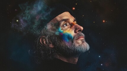 Mystical Man  Cosmic Nebula Face Paint  Starry Night Sky  Spiritual Portrait