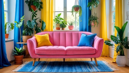 Bright and cheerful room with pink couch and plants