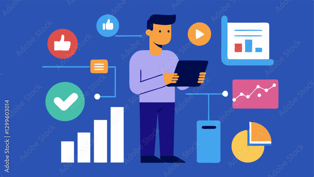 Poster social media analytics a consultant tracking social media performance on a tablet showing graphs and