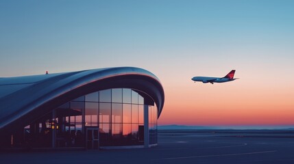 Naklejka premium Serene Sunset Airplane Taking Off from Modern Airport Terminal