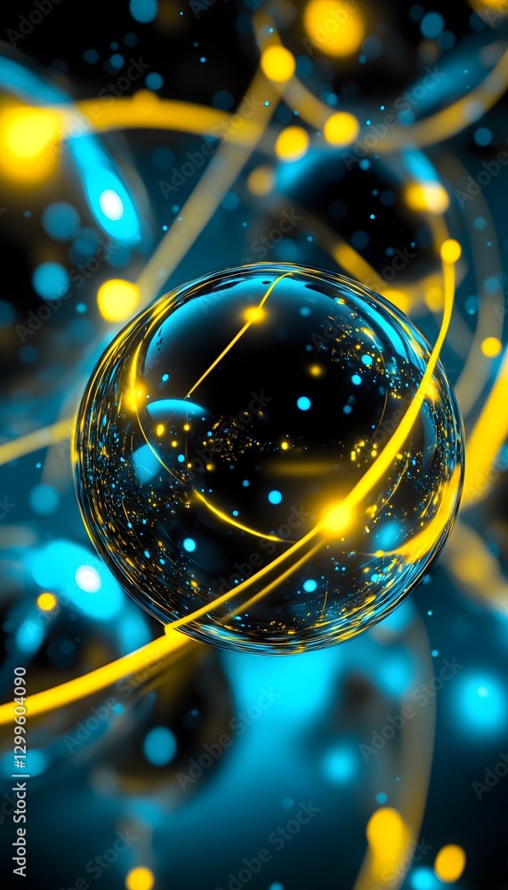 Poster a luminous sphere with connecting lines and colorful glowing particles