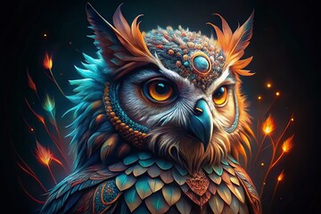 Majestic Tribal Owl Mascot: Double Exposure Wildlife Stock Photo