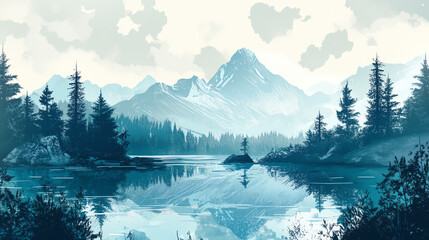 Serene mountains reflecting in a tranquil lake under cloudy skies.