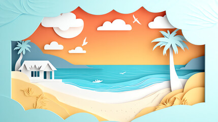 Serene beach scene with vibrant colors and tropical elements.