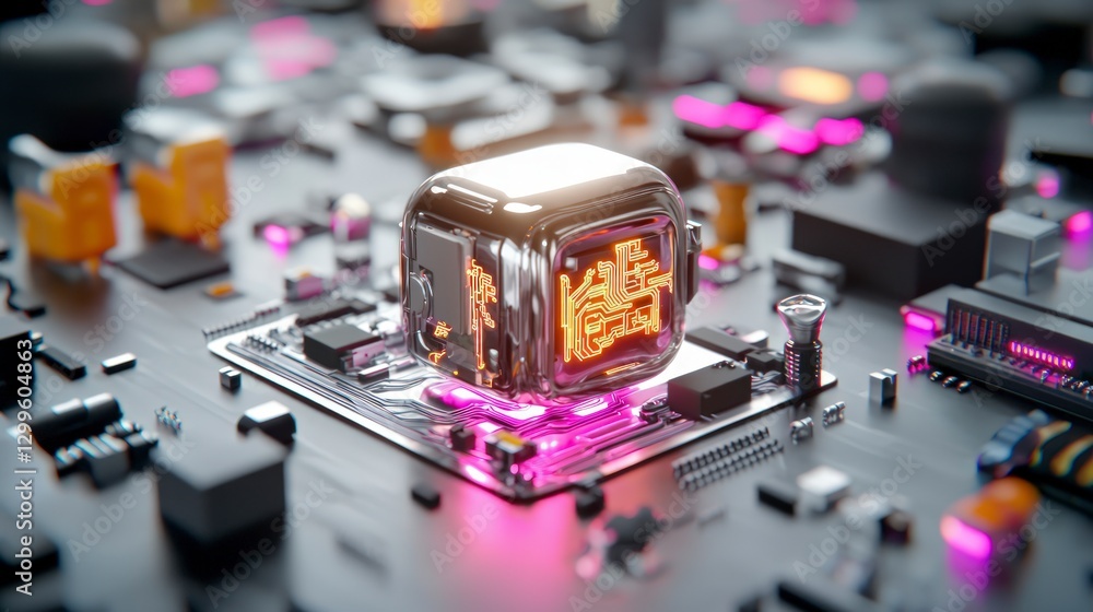 Poster futuristic circuitry chrome cube engine ai tech glow innovation