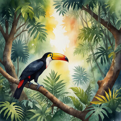 Fototapeta premium Watercolor Illustration of a Magical Rainforest Canopy – A vibrant rainforest with towering ancient trees, vines draped over branches