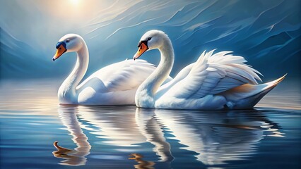 Fototapeta premium Majestic White Swans Couple, Romantic Lake, Close-up Macro Photography