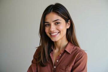 Fototapeta premium Young Hispanic Woman Smiling in Casual Brown Shirt Standing Against a Neutral Wall, Exuding Confidence and Warmth
