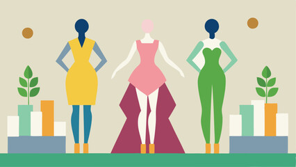 Sustainable Materials Showcase A fashion show backdrop featuring mannequins dressed in outfits made from organic recycled and biodegradable materials.