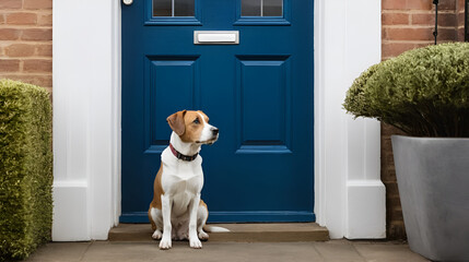A pet dog sitting on a doorstep, staring sadly into the distance as its owner walks away