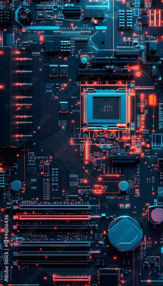 Poster detailed close up view of a computer motherboard circuit board