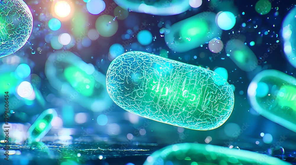 Poster abstract microbiology concept: microscopic cells and viruses in a science background