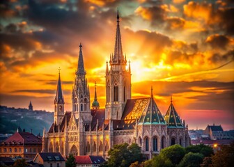 Matthias Church Budapest Skyline, Dramatic Bokeh Sky, Architectural Detail, Hungary