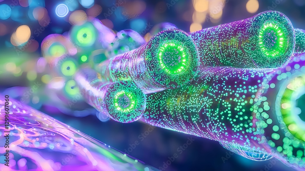 Poster abstract technology background with glowing fiber optics and data flow