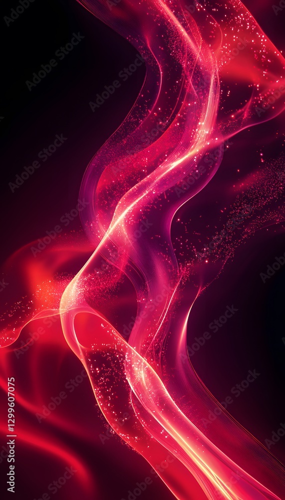 Poster abstract flowing ribbons with light and sparkling particles floating