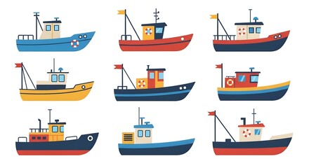 A set of 9 illustrated fishing boats in a flat and modern style, featuring various colors, designs, and maritime elements such as lifebuoys and flags. Perfect for nautical-themed projects.
