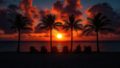 Silhouette People Relaxing On Beach At Sunrise