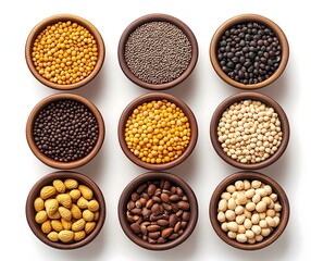 Fototapeta premium Organic Grains, Seeds, and Nuts: A Colorful Plant-Based Protein Diet | Top View of Healthy Vegetarian Ingredients