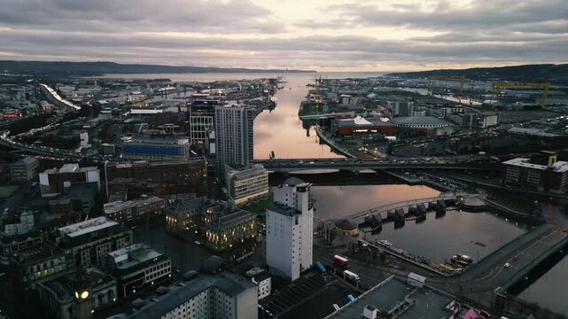 Aerial shot over the Lagan Belfast Northern Ireland