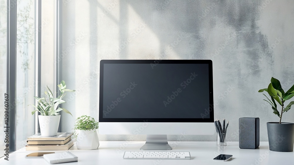 Poster minimalist office desk setup with a computer and plants near a window
