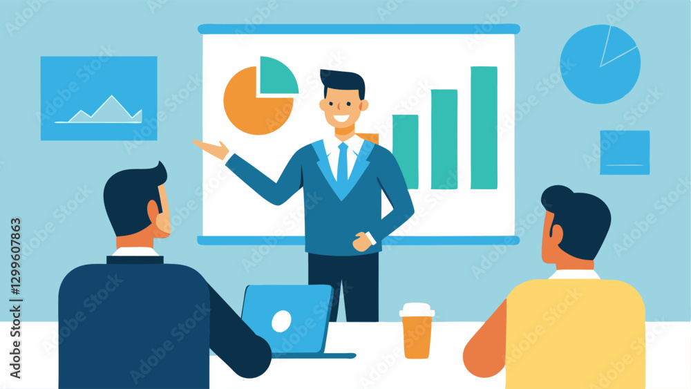Aufkleber sponsorship meeting a professional in a smart suit presenting to potential sponsors with charts and 